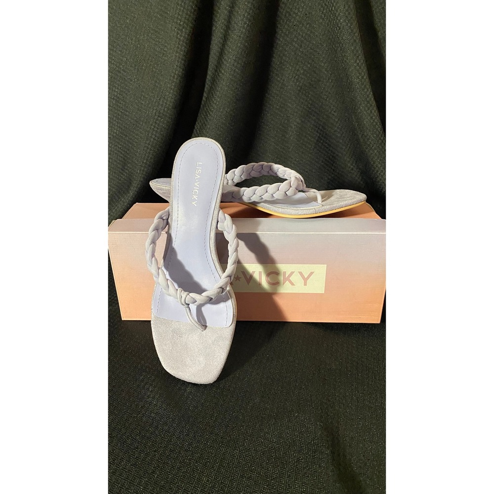Lisa Vicky Beauty-V Pale Purple Kid Suede Braided Thong Kitten Heel Sandals 7M